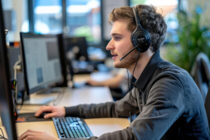 un homme au travail, casque audio sur la tête