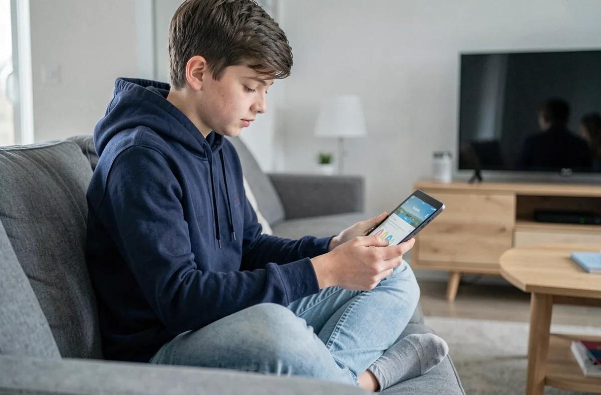 Adolescent utilisant une tablette pour accéder à l'ENT Aisne NEO depuis le salon de la maison