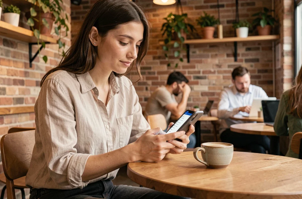 Secrétaire d'auto-école gérant les inscriptions et dossiers élèves à distance via ELGEAWEB sur smartphone dans un café