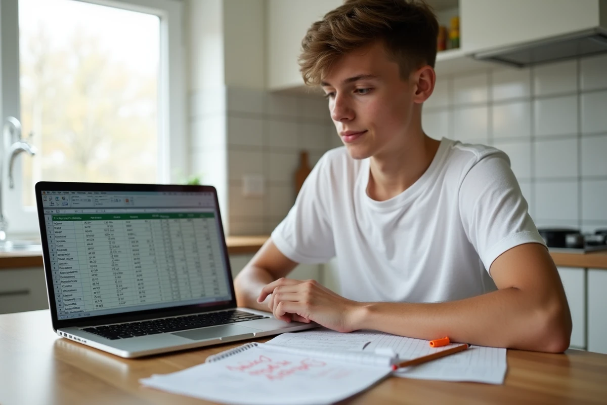 Adolescent calculant sa moyenne avec coefficients sur ordinateur et cahier quadrillé dans une cuisine moderne