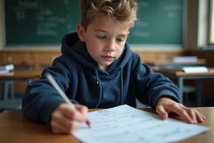 Adolescent consultant ses résultats ASSR sur une feuille imprimée dans une salle de classe