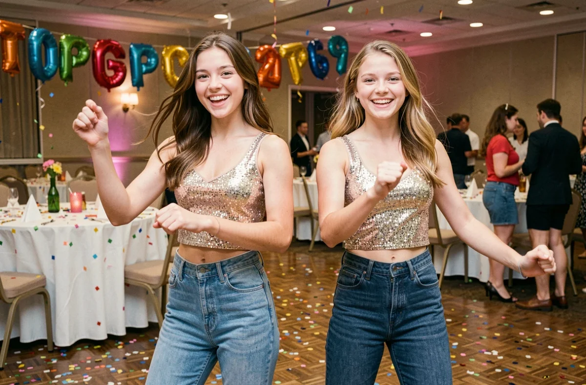 Deux adolescentes dansant une chorégraphie coordonnée lors d'une fête d'anniversaire dans une salle décorée de ballons et de confettis