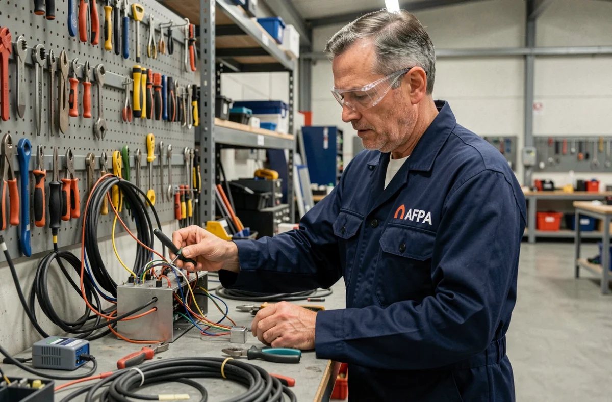 Homme en reconversion professionnelle pratiquant un exercice de câblage électrique dans un atelier technique de l'AFPA de Reims