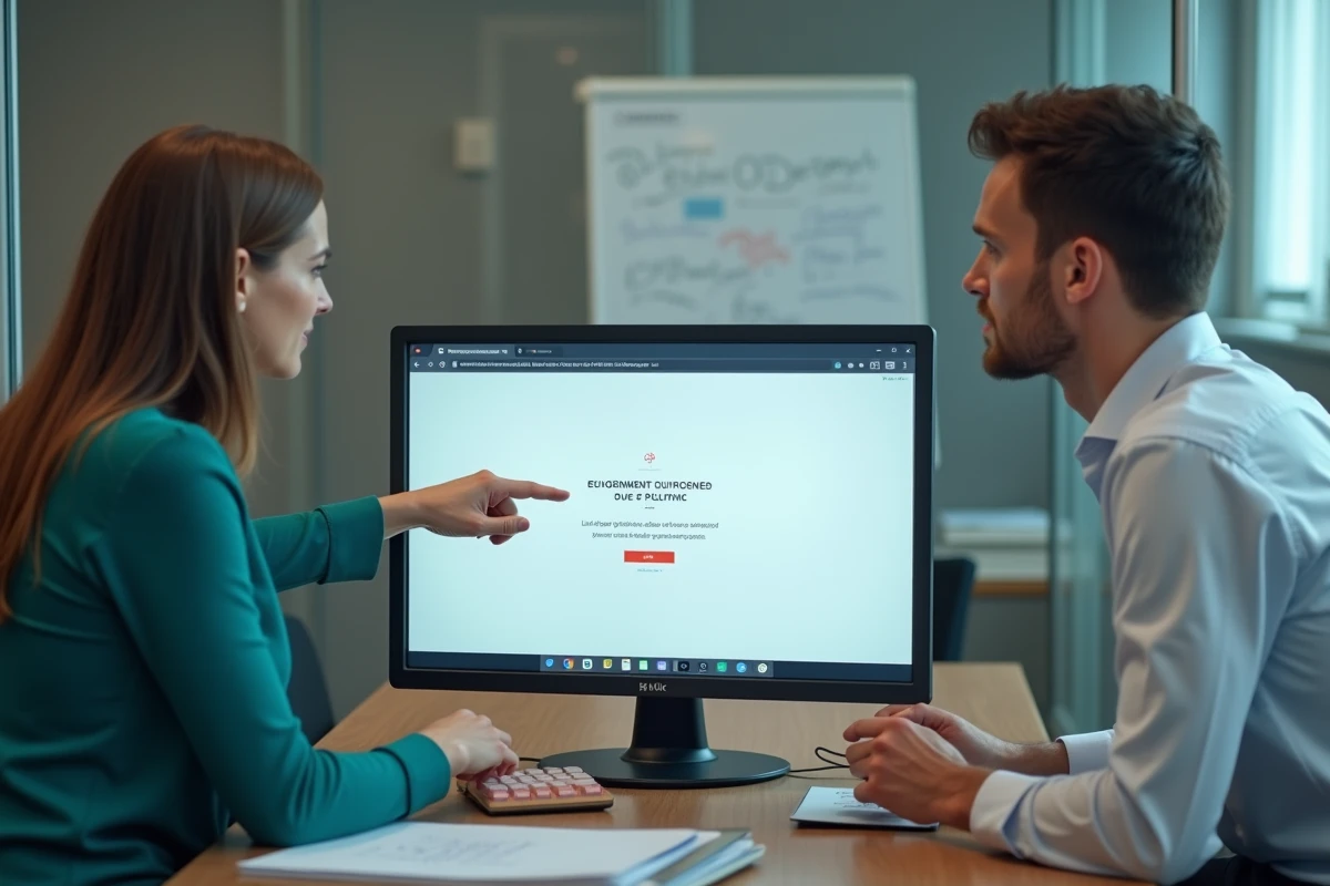 Deux agents de l'éducation nationale consultant ensemble un message d'erreur sur une interface numérique administrative