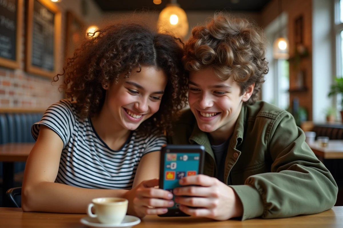 Deux amis révisant ensemble avec un simulateur de mémorisation sur smartphone dans un café urbain convivial