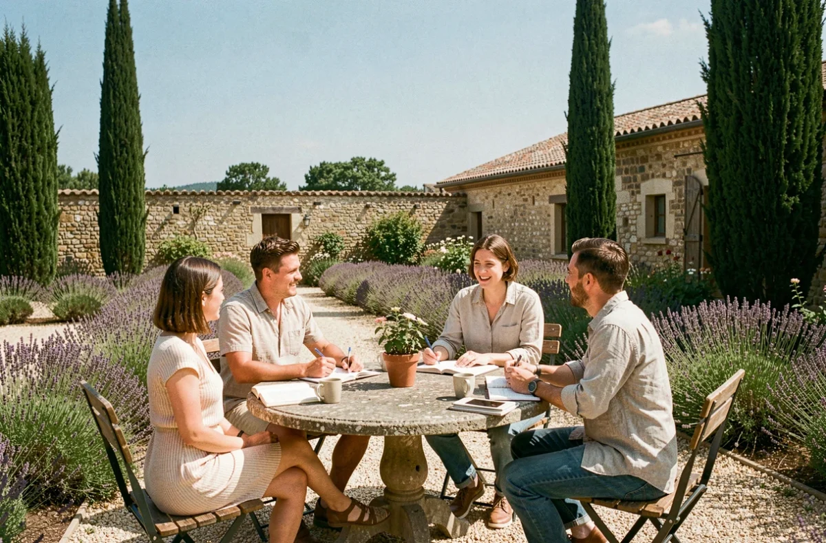 Groupe d'adultes pratiquant l'anglais en plein air dans la campagne de Haute-Garonne