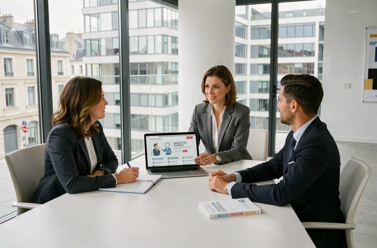 Consultante animant une formation en anglais professionnel pour clients en entreprise à Toulouse