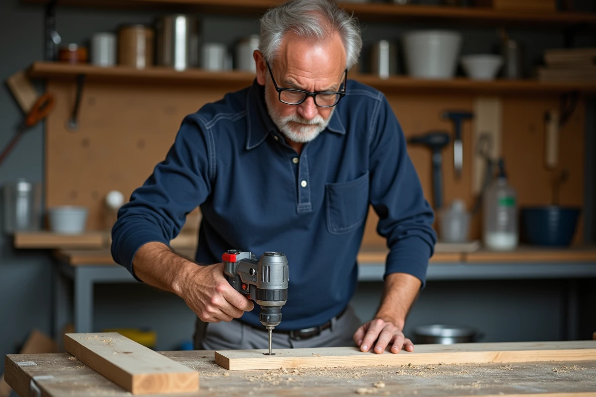 Homme adulte débutant en bricolage utilisant une perceuse dans un atelier de garage à domicile