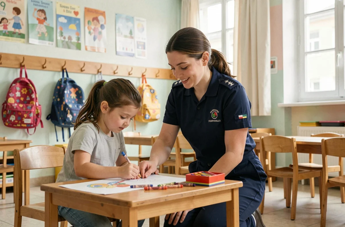 ATSEM débutante en uniforme municipal accompagnant un élève en maternelle dans une salle de classe française