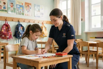 ATSEM débutante en uniforme municipal accompagnant un élève en maternelle dans une salle de classe française