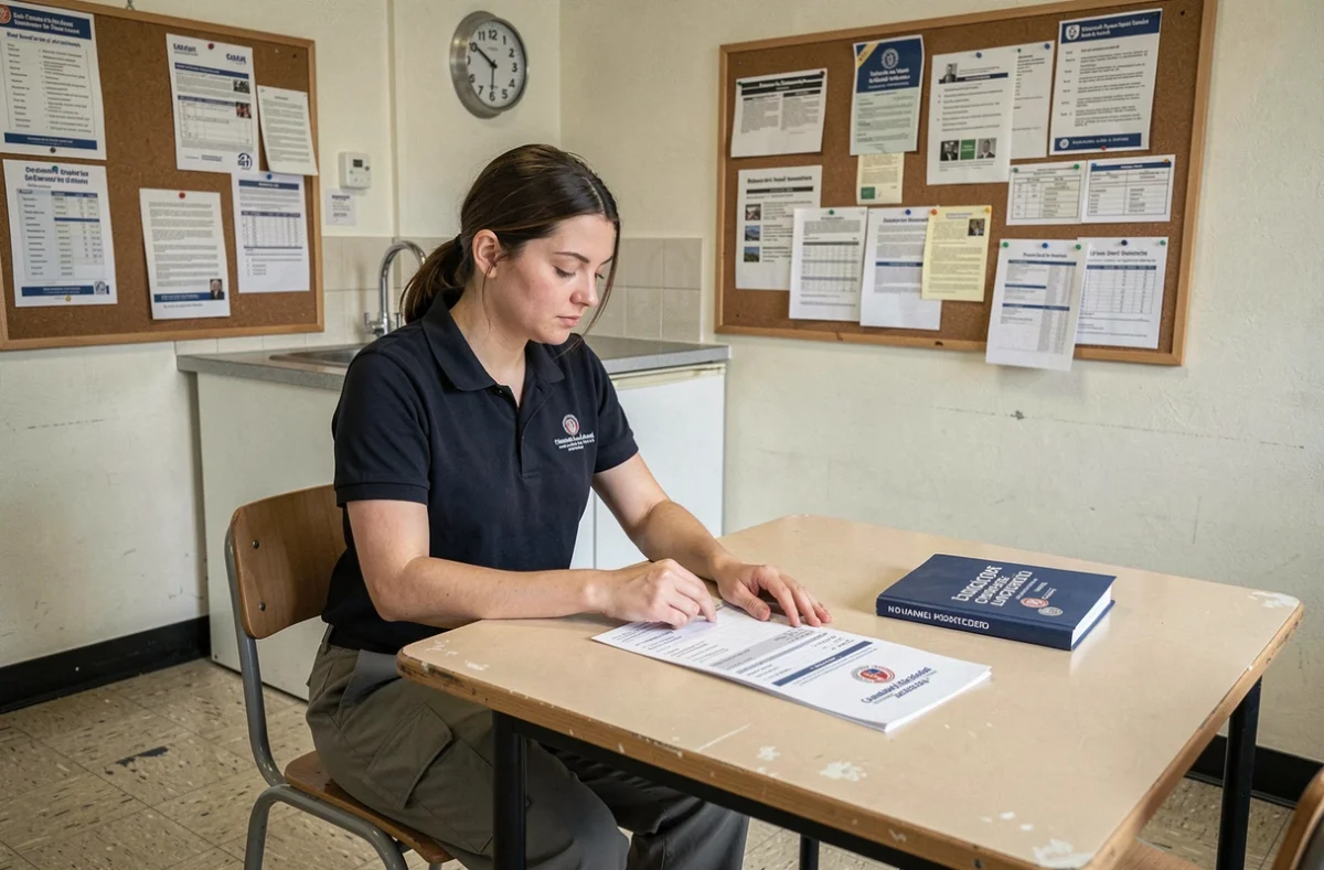 ATSEM débutante consultant sa fiche de salaire dans la salle du personnel d'une école maternelle
