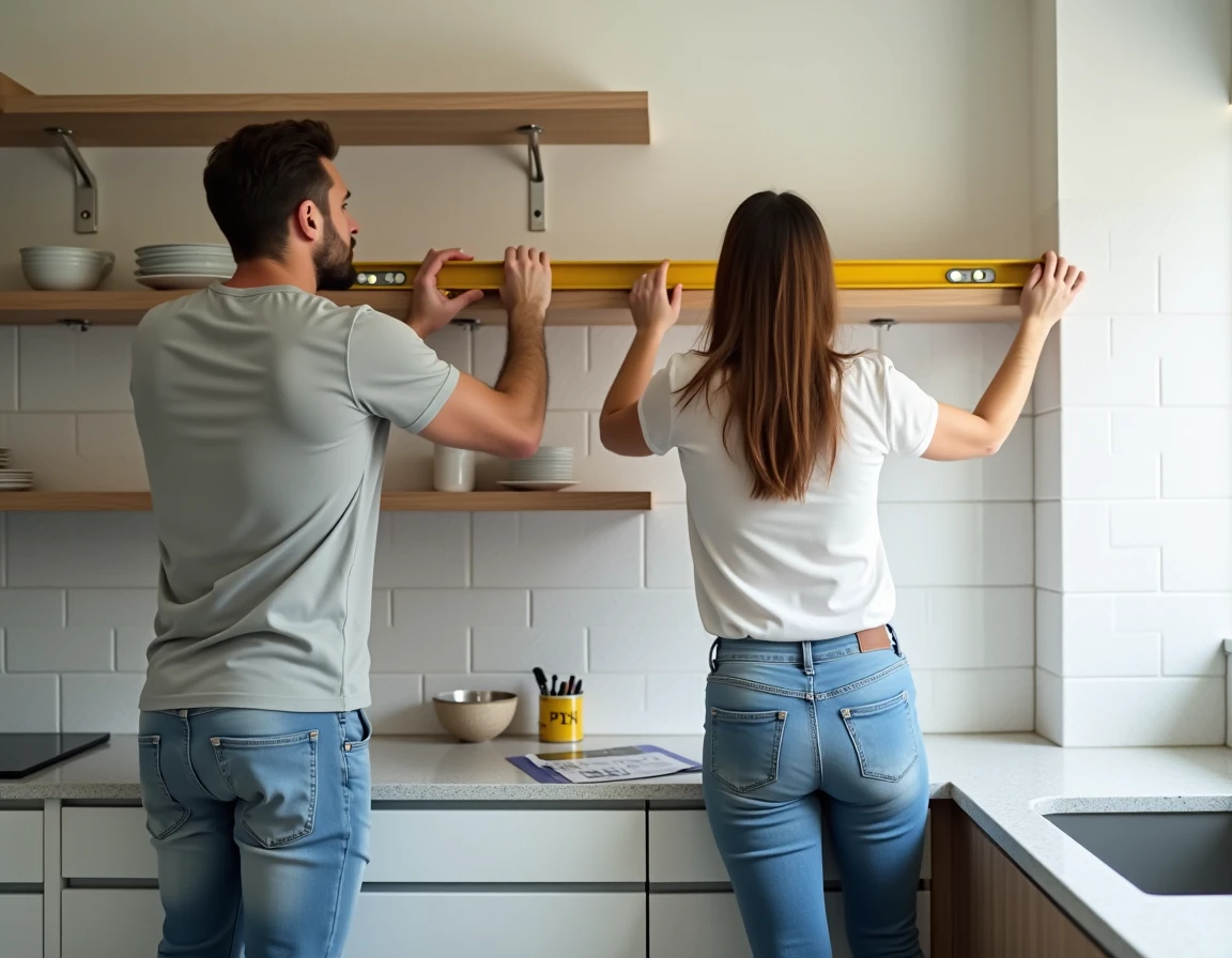 Couple installant une étagère murale flottante dans leur cuisine en suivant les étapes d'un cours de bricolage en ligne