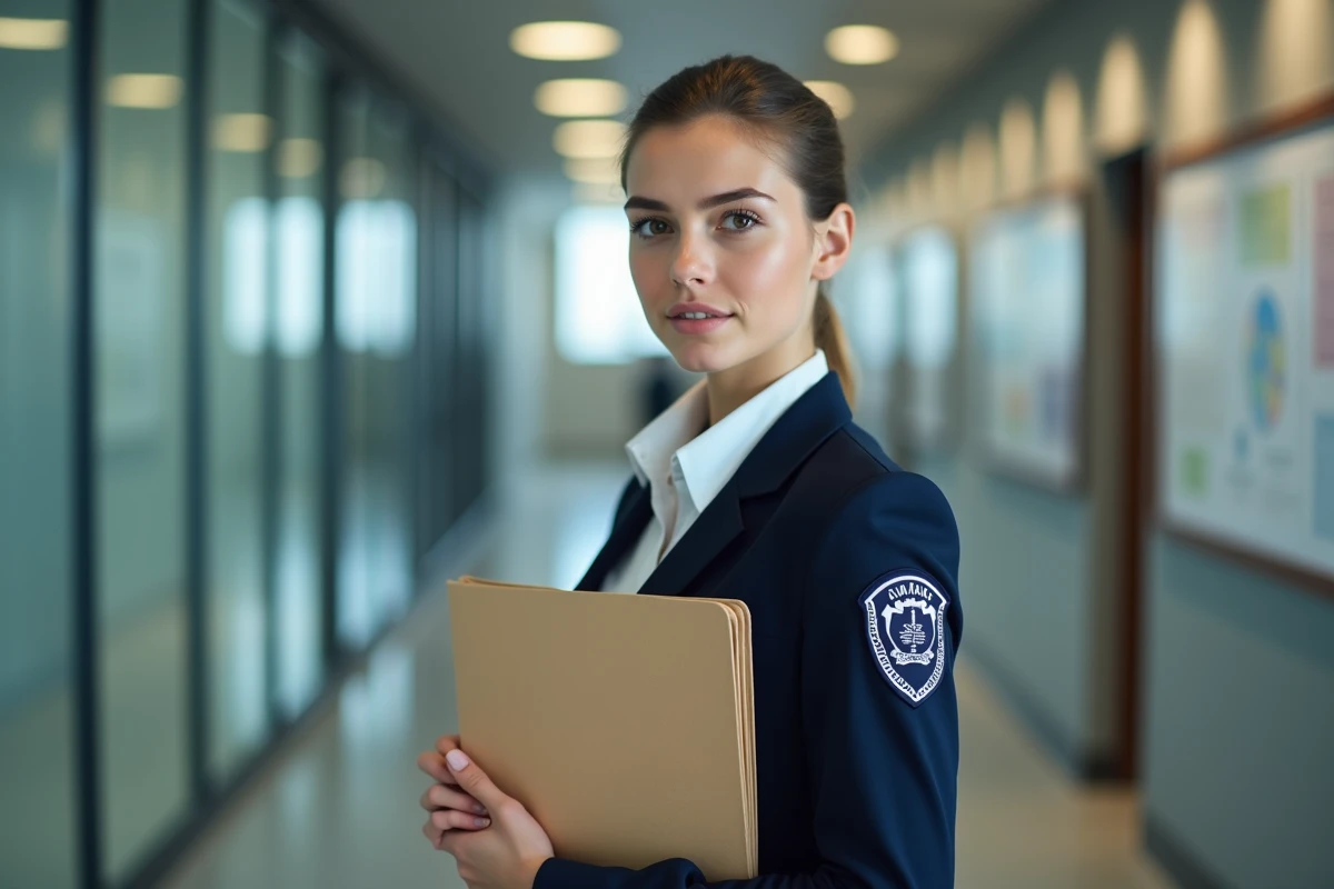 Jeune femme cadette pilote en uniforme tenant ses documents médicaux dans un couloir d'académie d'aviation professionnelle