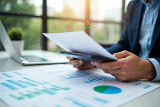 Personne tenant fiche de paie et calculatrice au bureau