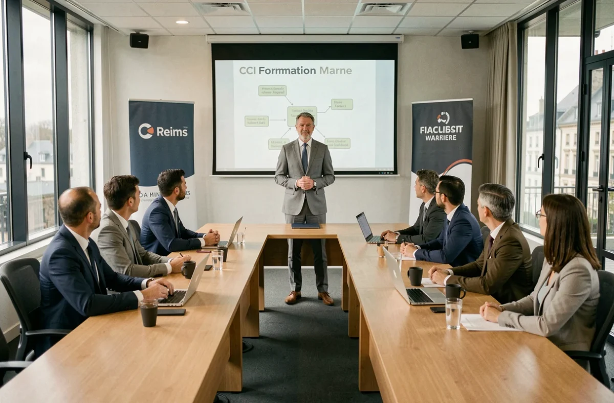 Formateur en management animant une session de formation en salle pour des professionnels à la CCI Formation Marne