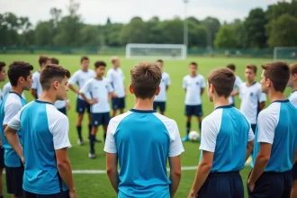 Jeunes joueurs du centre de formation de l'OM écoutant les consignes de leur entraîneur lors d'une séance d'entraînement sur gazon naturel