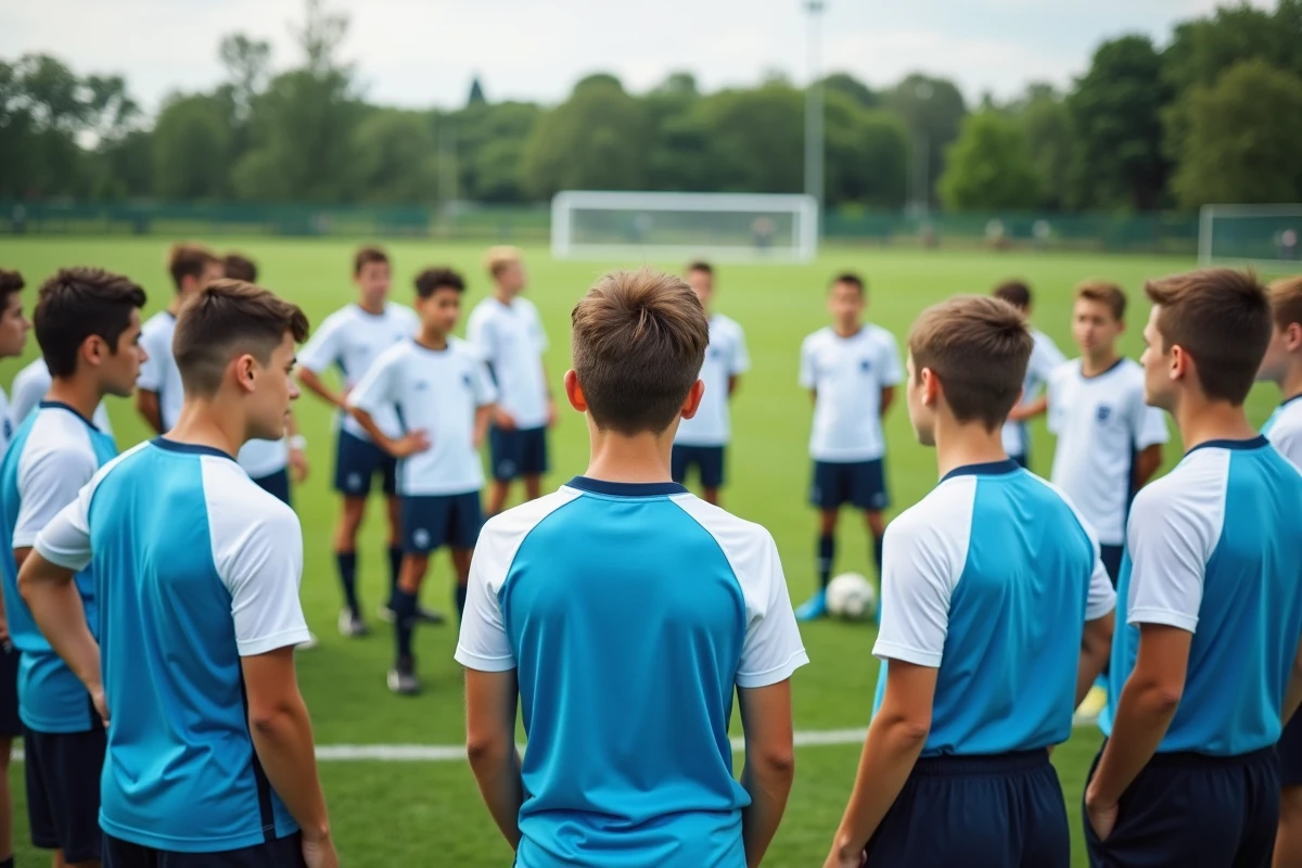 Jeunes joueurs du centre de formation de l'OM écoutant les consignes de leur entraîneur lors d'une séance d'entraînement sur gazon naturel