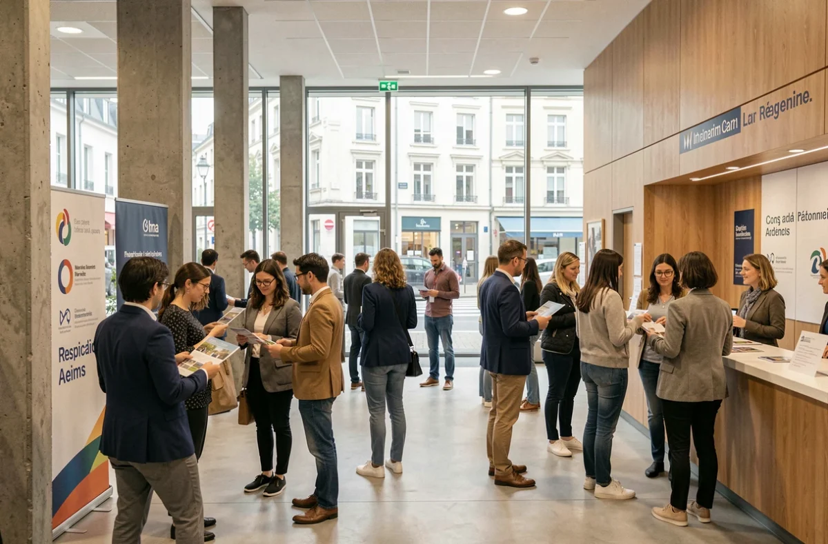 Vue d'ensemble d'un centre de formation moderne à Reims avec des adultes en cours d'inscription et de discussion dans un hall lumineux
