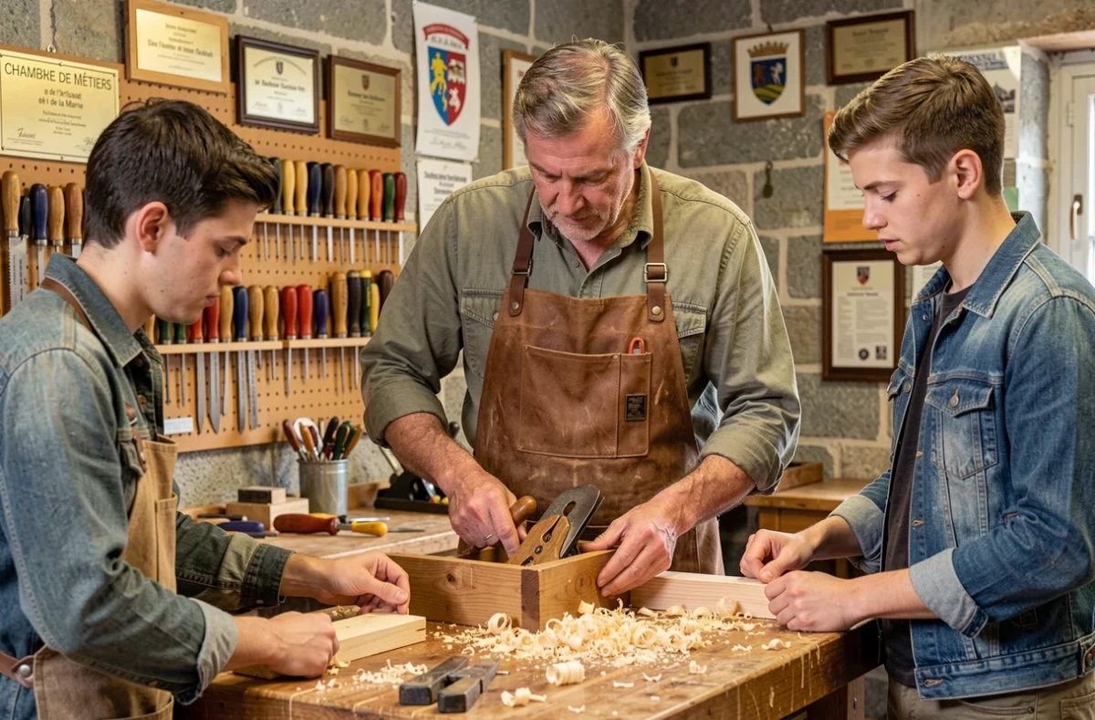 Maître artisan démontrant une technique de menuiserie traditionnelle à deux apprentis dans un atelier de la Chambre de Métiers de la Marne
