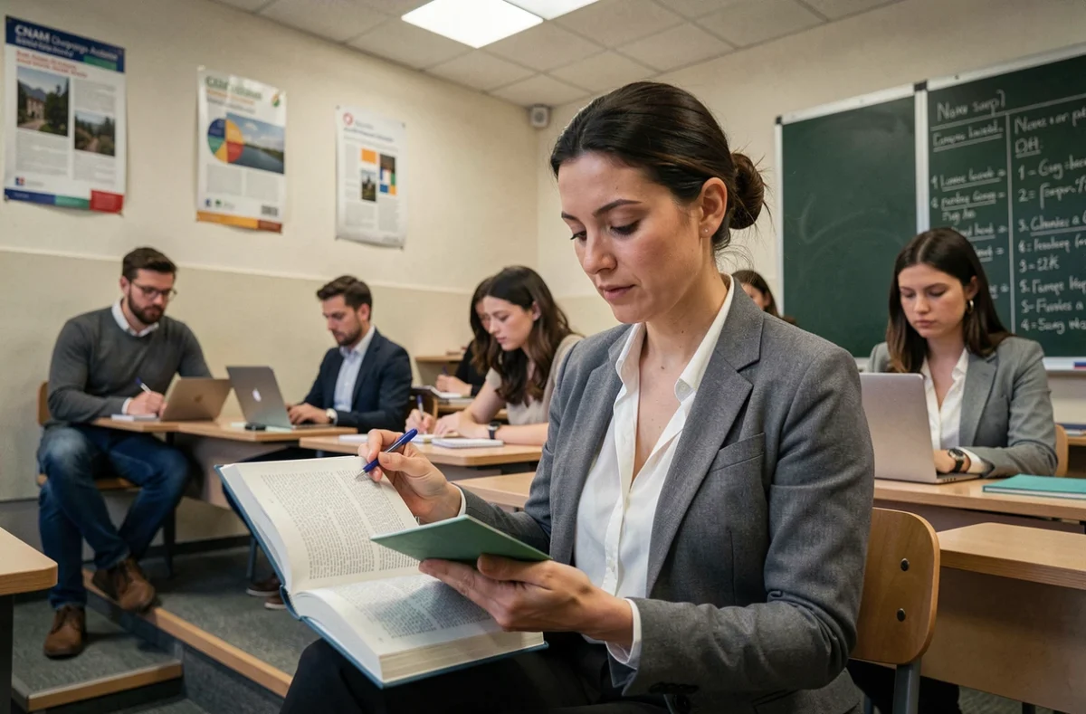 Femme adulte suivant un cours universitaire du soir dans une salle de classe du CNAM Champagne-Ardenne