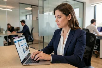Commerciale en blazer marine suivant une formation LinkedIn sur son ordinateur portable dans un bureau moderne