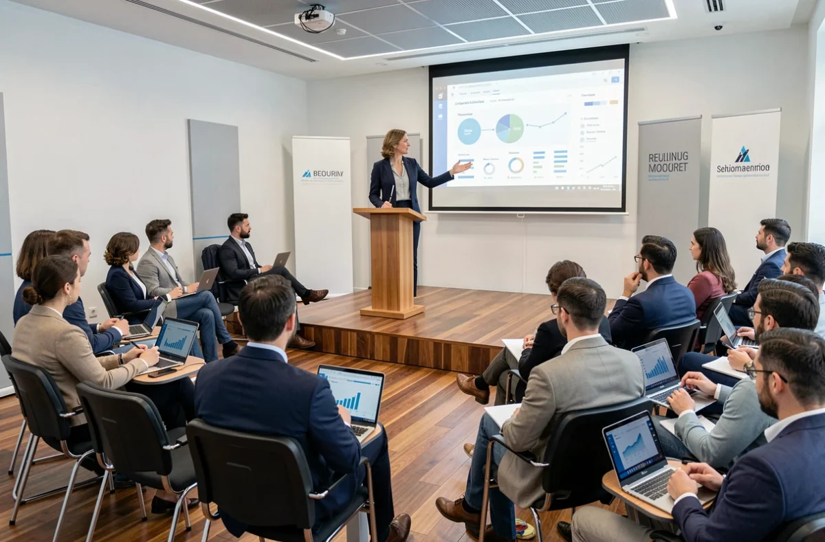 Conférencière professionnelle animant une formation digitale dans une salle de conférence parisienne moderne