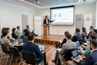 Conférencière professionnelle animant une formation digitale dans une salle de conférence parisienne moderne