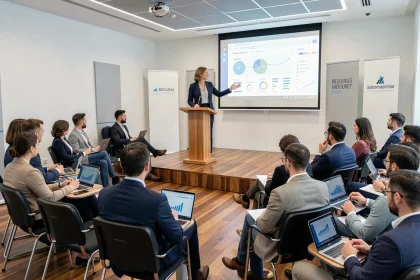 Conférencière professionnelle animant une formation digitale dans une salle de conférence parisienne moderne