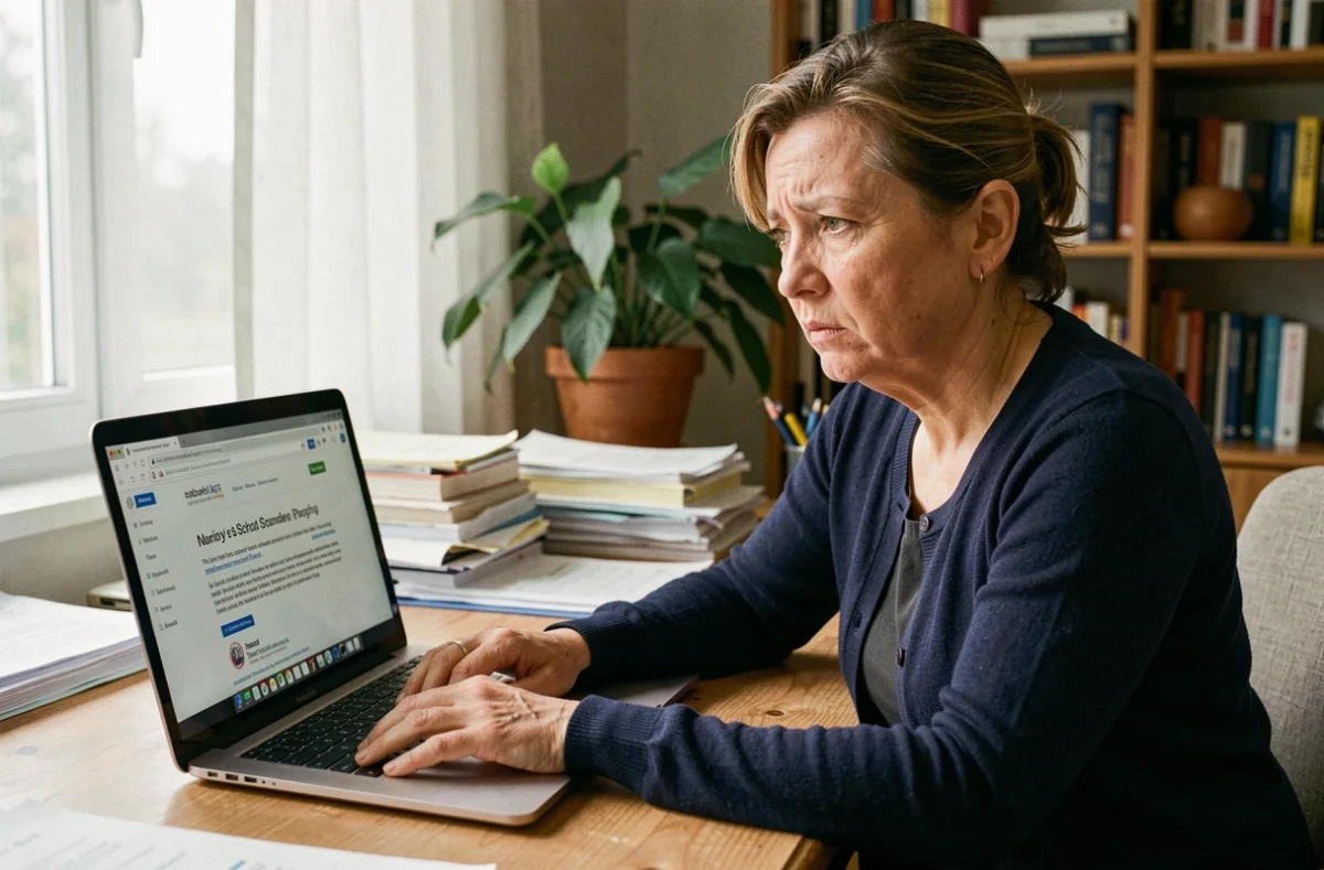 Femme frustrée devant un message d'erreur sur le portail Educ de Normandie sur son ordinateur portable