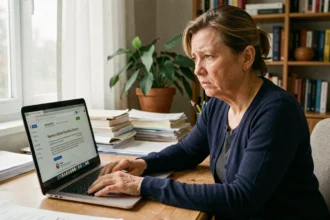 Femme frustrée devant un message d'erreur sur le portail Educ de Normandie sur son ordinateur portable