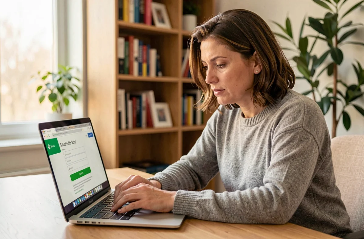 Femme adulte connectée à un portail scolaire ENT sur un ordinateur portable depuis son bureau à domicile