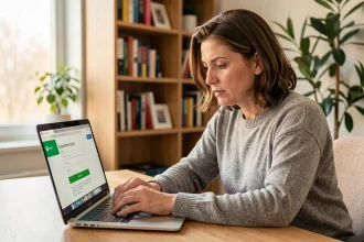 Femme adulte connectée à un portail scolaire ENT sur un ordinateur portable depuis son bureau à domicile