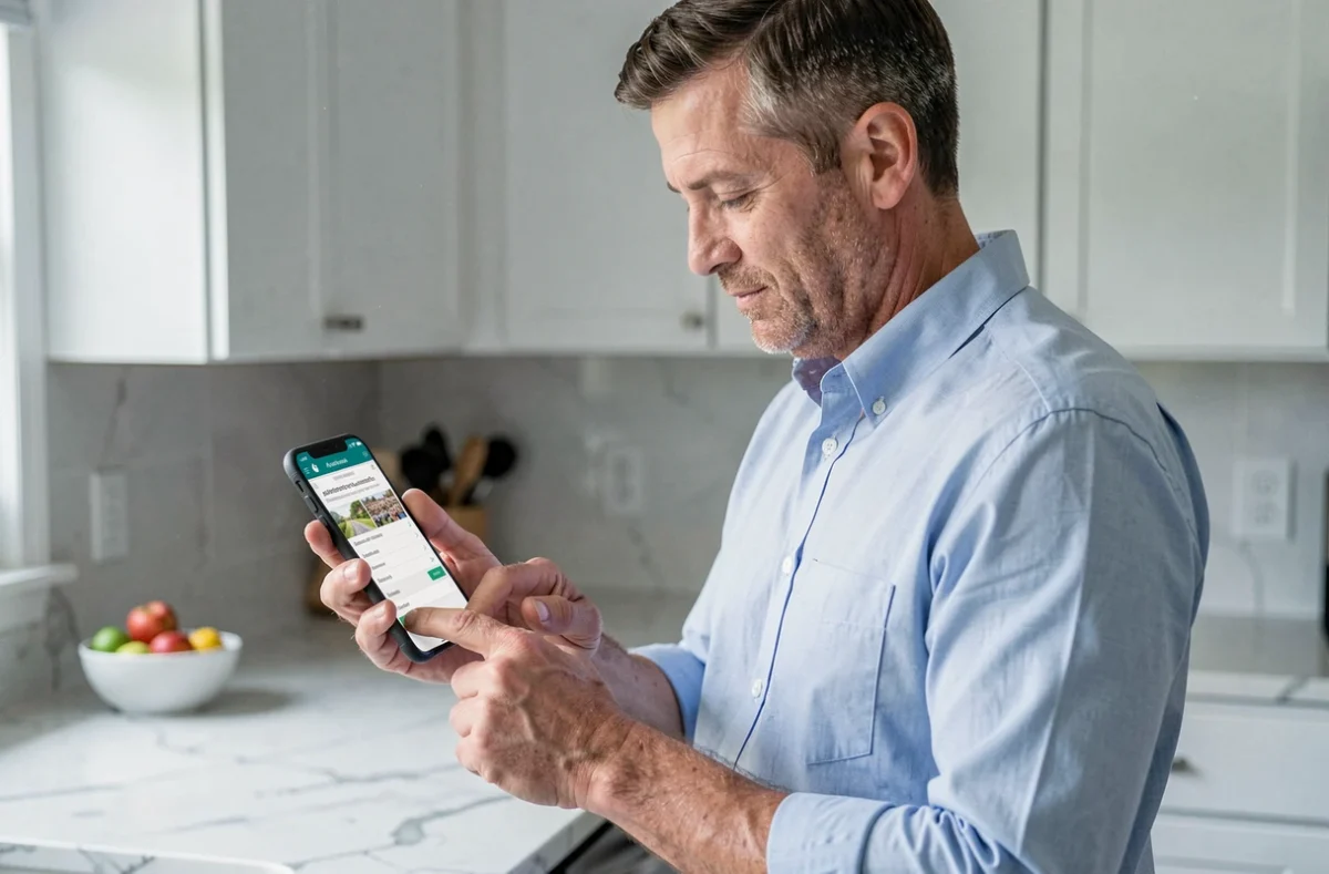 Homme consultant le portail ENT Aisne NEO sur smartphone depuis la cuisine, multi-appareils