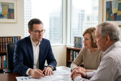 Conseiller financier en costume bleu avec un couple d'âge moyen