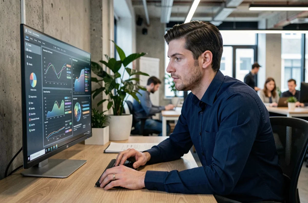 Professionnel en début de carrière analysant des données d'intelligence artificielle sur un écran dans un bureau moderne