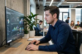 Professionnel en début de carrière analysant des données d'intelligence artificielle sur un écran dans un bureau moderne