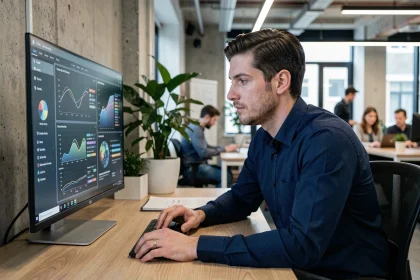 Professionnel en début de carrière analysant des données d'intelligence artificielle sur un écran dans un bureau moderne