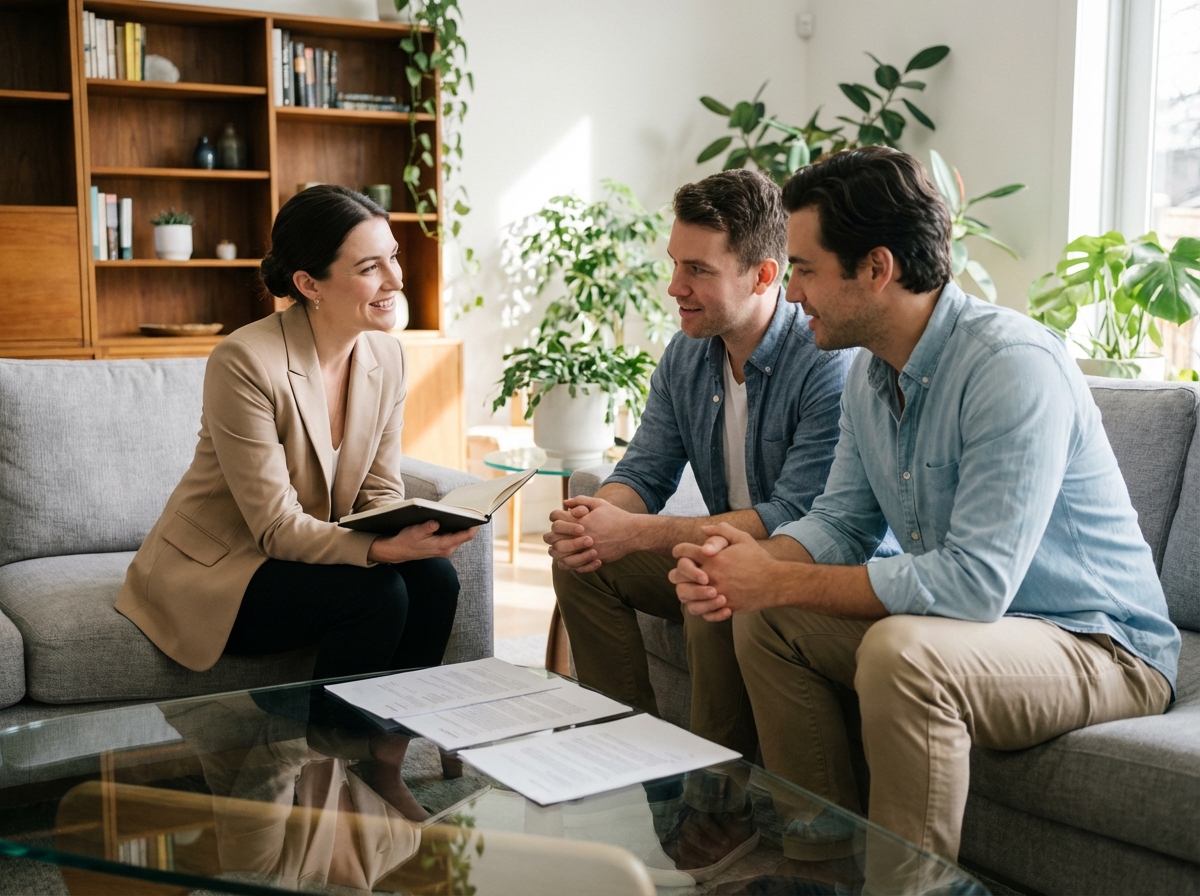 Consultante en gestion de patrimoine souriante avec un jeune couple