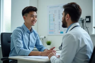 Jeune candidat pilote en consultation médicale avec un médecin examinateur pour l'aptitude classe 1, dans un cabinet clinique professionnel