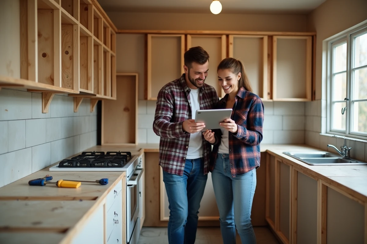 Couple examinant un tutoriel de bricolage en ligne sur tablette dans une cuisine en cours de rénovation