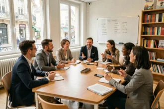 Groupe d'adultes apprenant l'anglais dans une salle de classe moderne à Toulouse, Haute-Garonne