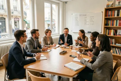 Groupe d'adultes apprenant l'anglais dans une salle de classe moderne à Toulouse, Haute-Garonne