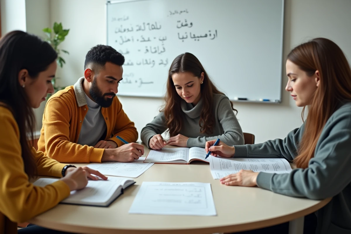 Groupe d'adultes débutants apprenant l'arabe ensemble en classe avec des fiches et un manuel