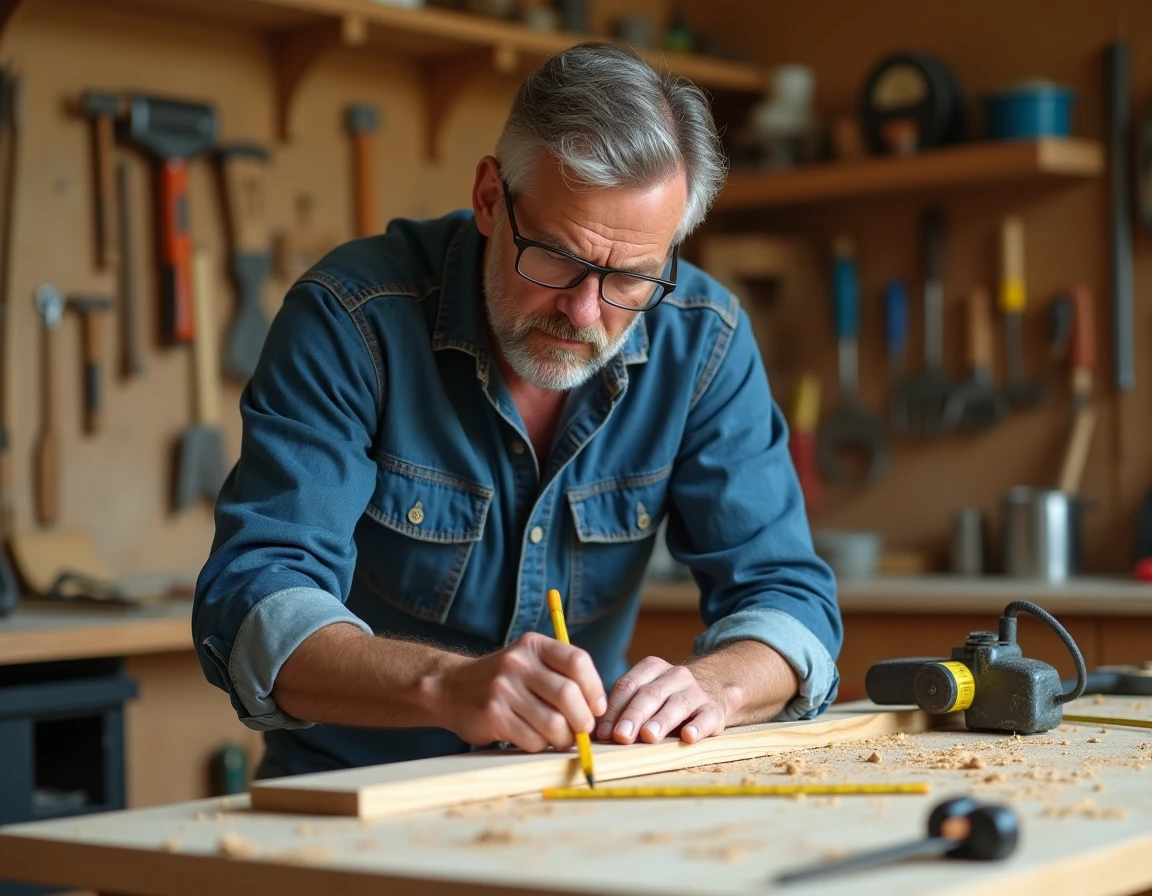 Homme en cours de bricolage mesurant une planche en bois dans un atelier maison équipé d'outils manuels