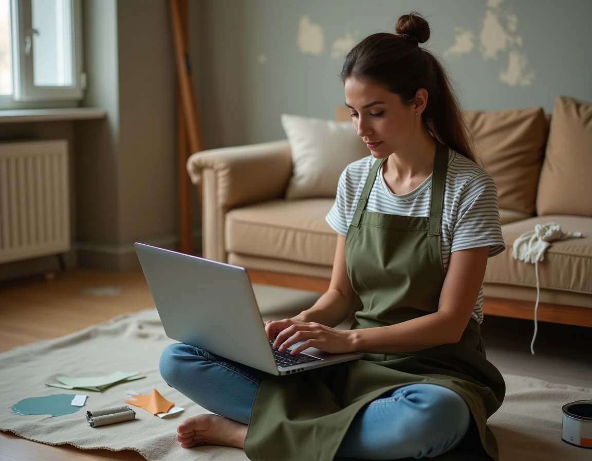 Femme suivant un cours de bricolage en ligne sur ordinateur portable pendant des travaux de peinture dans son appartement