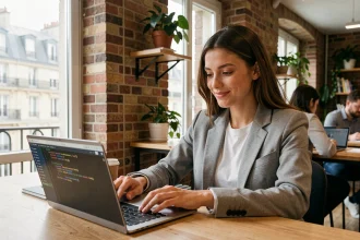 Jeune femme suivant un cours digital en ligne dans un espace de coworking parisien, formation aux métiers du web sur laptop
