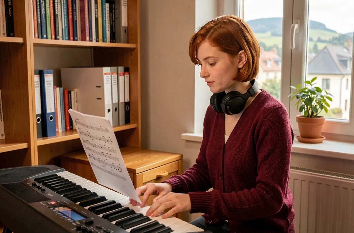 Étudiante au clavier électronique dans une salle de travail du Conservatoire à Rayonnement Départemental d'Épinal