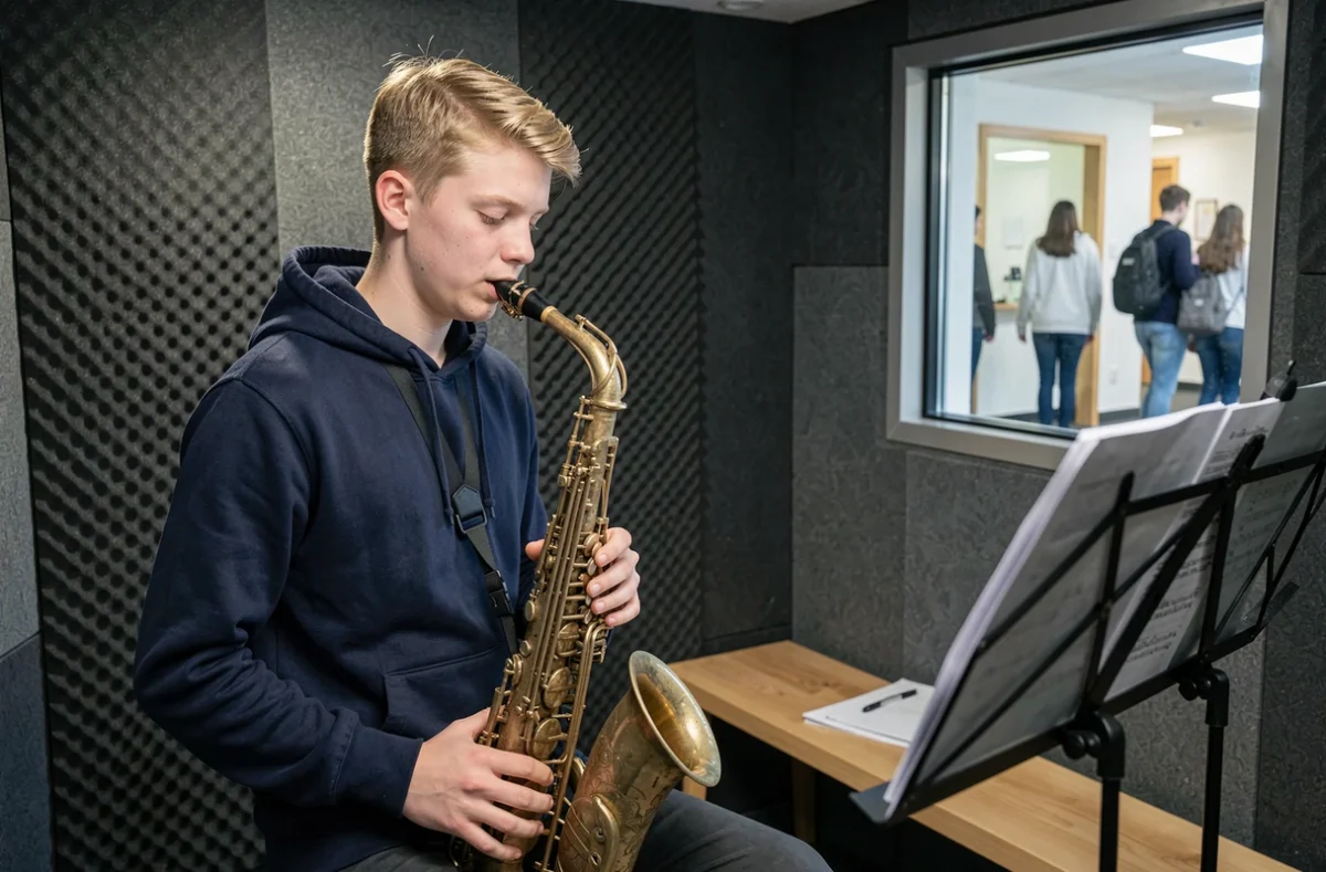 Jeune saxophoniste en répétition dans une cabine insonorisée du Conservatoire à Rayonnement Départemental de Mulhouse