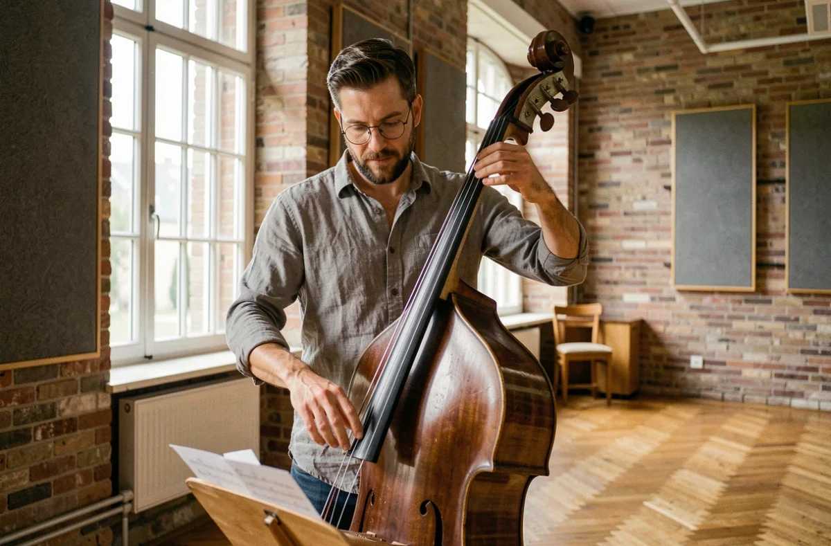 Musicien jouant de la contrebasse dans une salle de répétition du Conservatoire à Rayonnement Départemental de Troyes