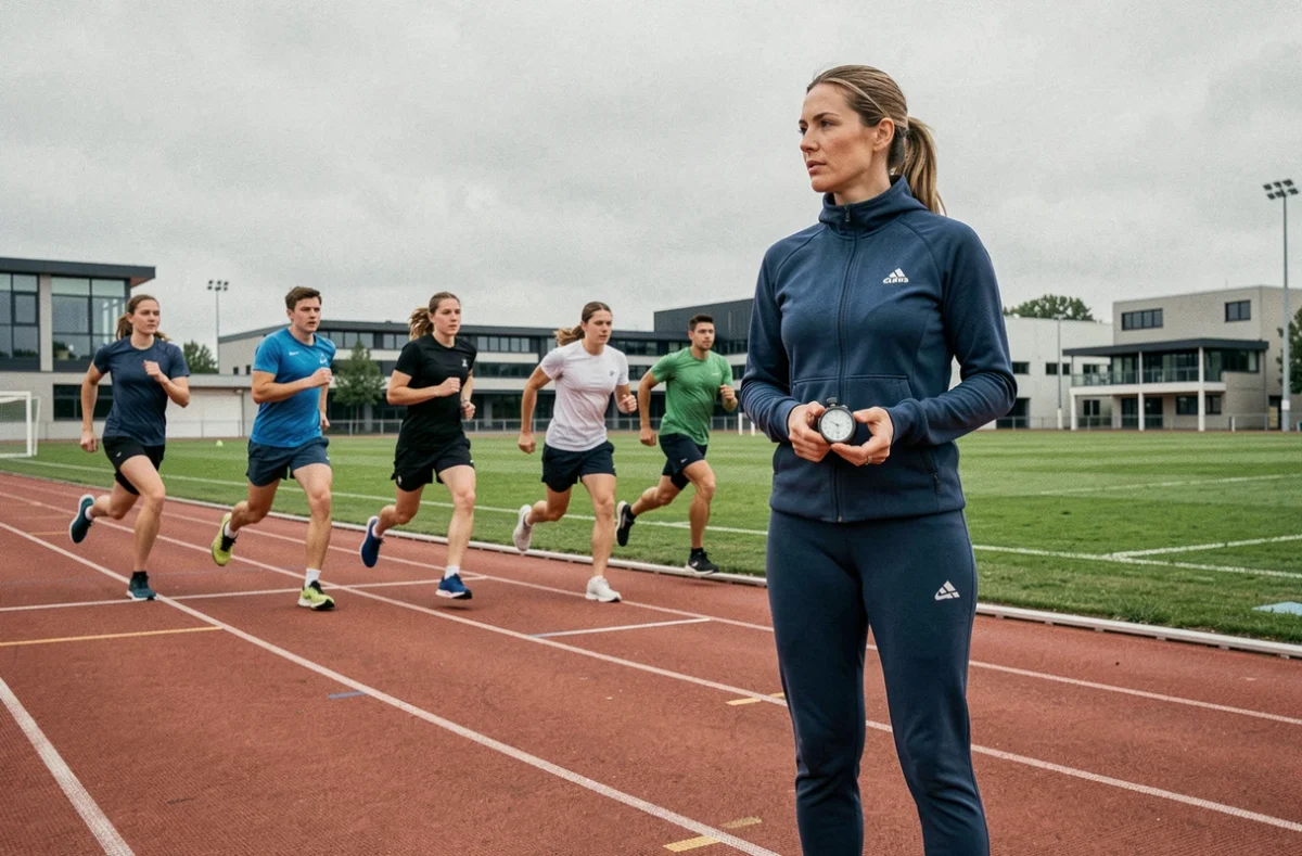 Coach formatrice supervisant des exercices de sprint sur la piste d'athlétisme du CREPS de Reims lors d'une formation aux métiers du sport